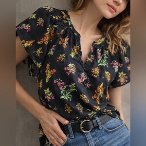 Modcloth Black Floral Cotton Blouse Size Medium NWT Flutter Sleeve Boho Top